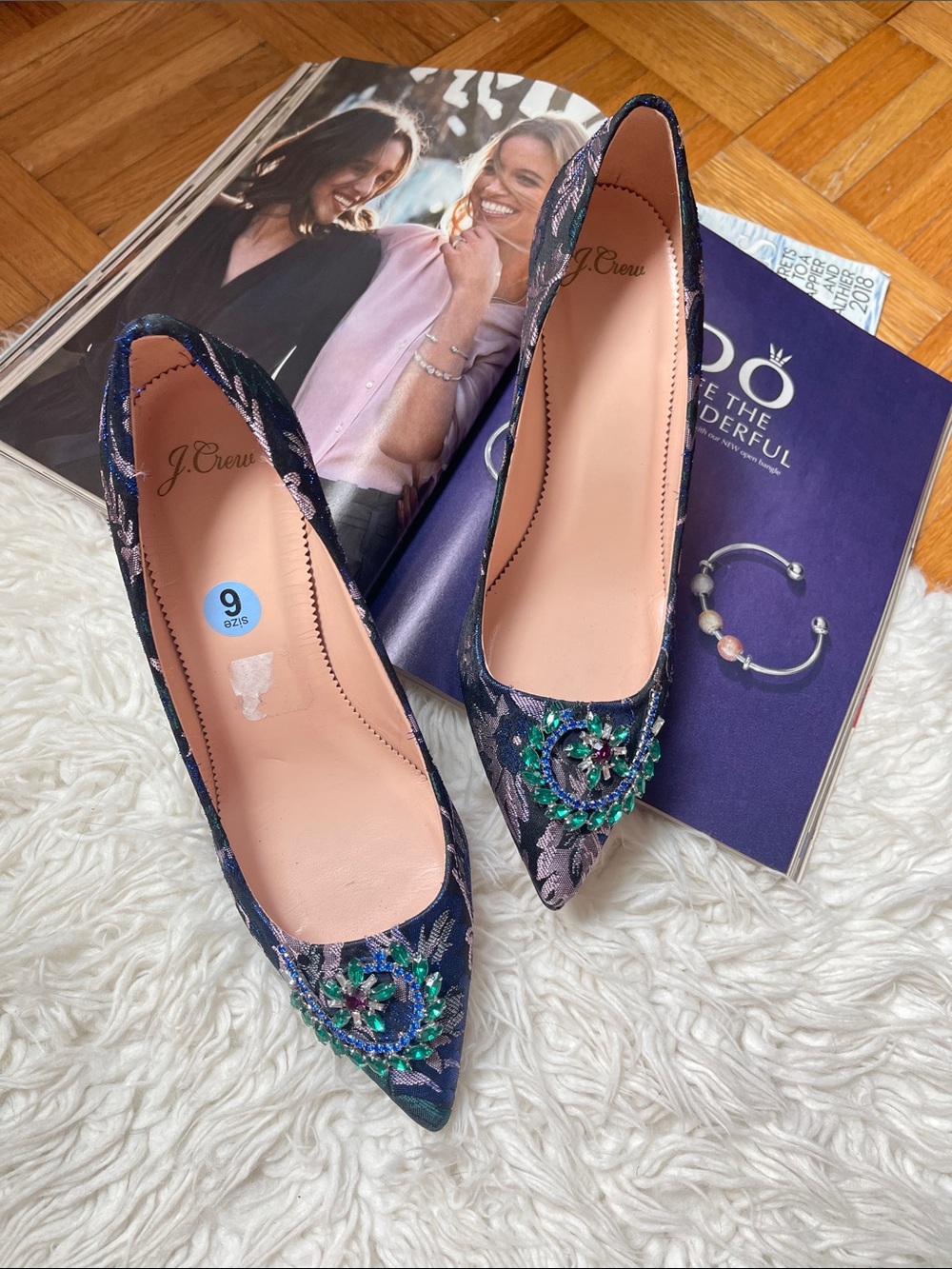 J. Crew Colette Jacquard Embellished Pumps Navy Floral Jacquard Pointed-T - Picture 2 of 12